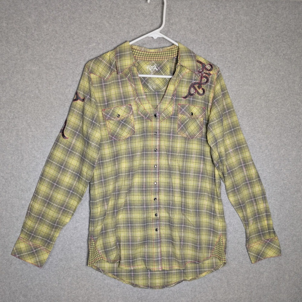 Rock 47 by Wrangler Womens Large Plaid Western Snap Shirt Green Embroidered
